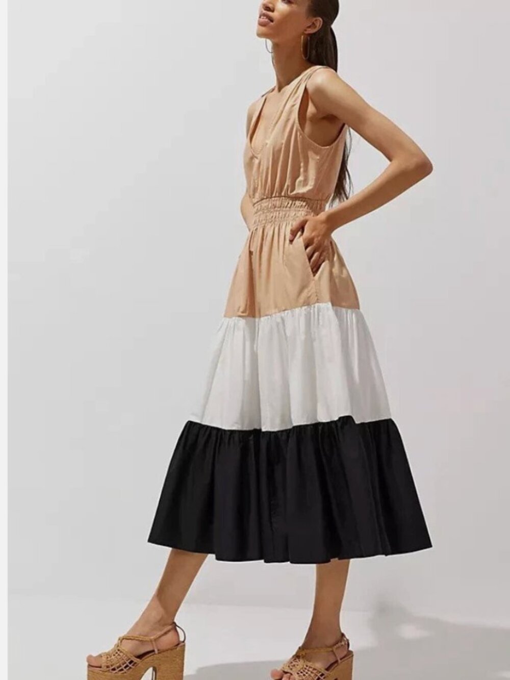 Maeve by Anthropologie Tiered Colorblock Midi Dress Size 4 EUC (Pockets!!!)